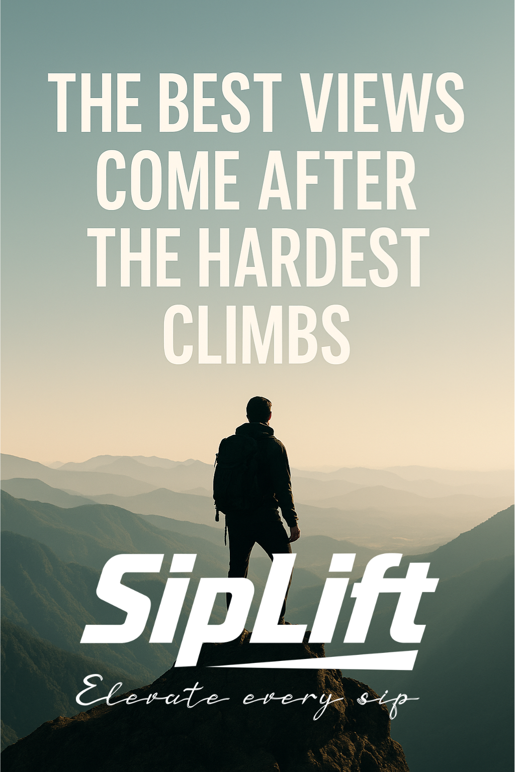 Silhouette of a man standing on top of a mountain at sunrise with arms raised, text overlay reads ‘The best view comes after the hardest climb.