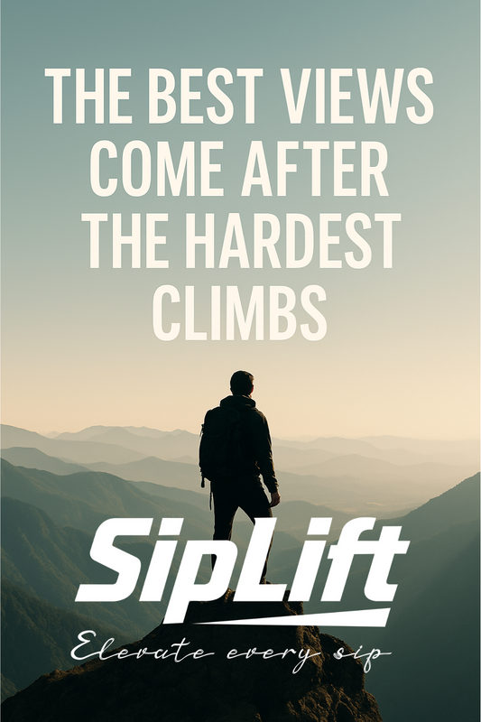 Silhouette of a man standing on top of a mountain at sunrise with arms raised, text overlay reads ‘The best view comes after the hardest climb.