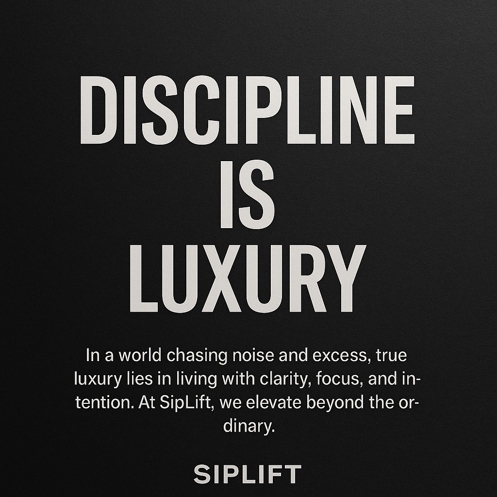 Minimalist photograph of a SipLift stainless steel flask on a dark marble surface with soft lighting, symbolizing discipline as luxury.