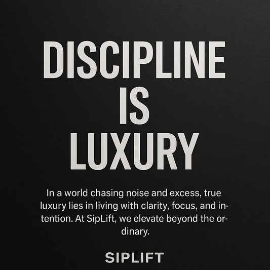 Minimalist photograph of a SipLift stainless steel flask on a dark marble surface with soft lighting, symbolizing discipline as luxury.