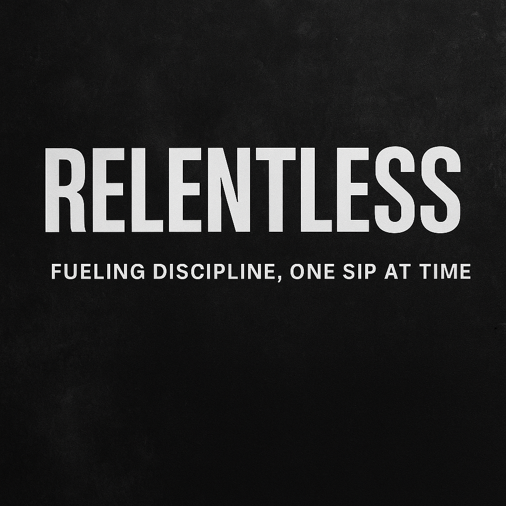 Bold black background with the word RELENTLESS in large white capital letters, and the phrase ‘Fueling discipline, one sip at a time’ beneath it, leaving space for placement of the SipLift Signature Hydration Flask.