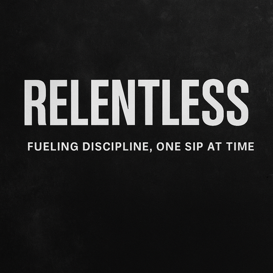 Bold black background with the word RELENTLESS in large white capital letters, and the phrase ‘Fueling discipline, one sip at a time’ beneath it, leaving space for placement of the SipLift Signature Hydration Flask.