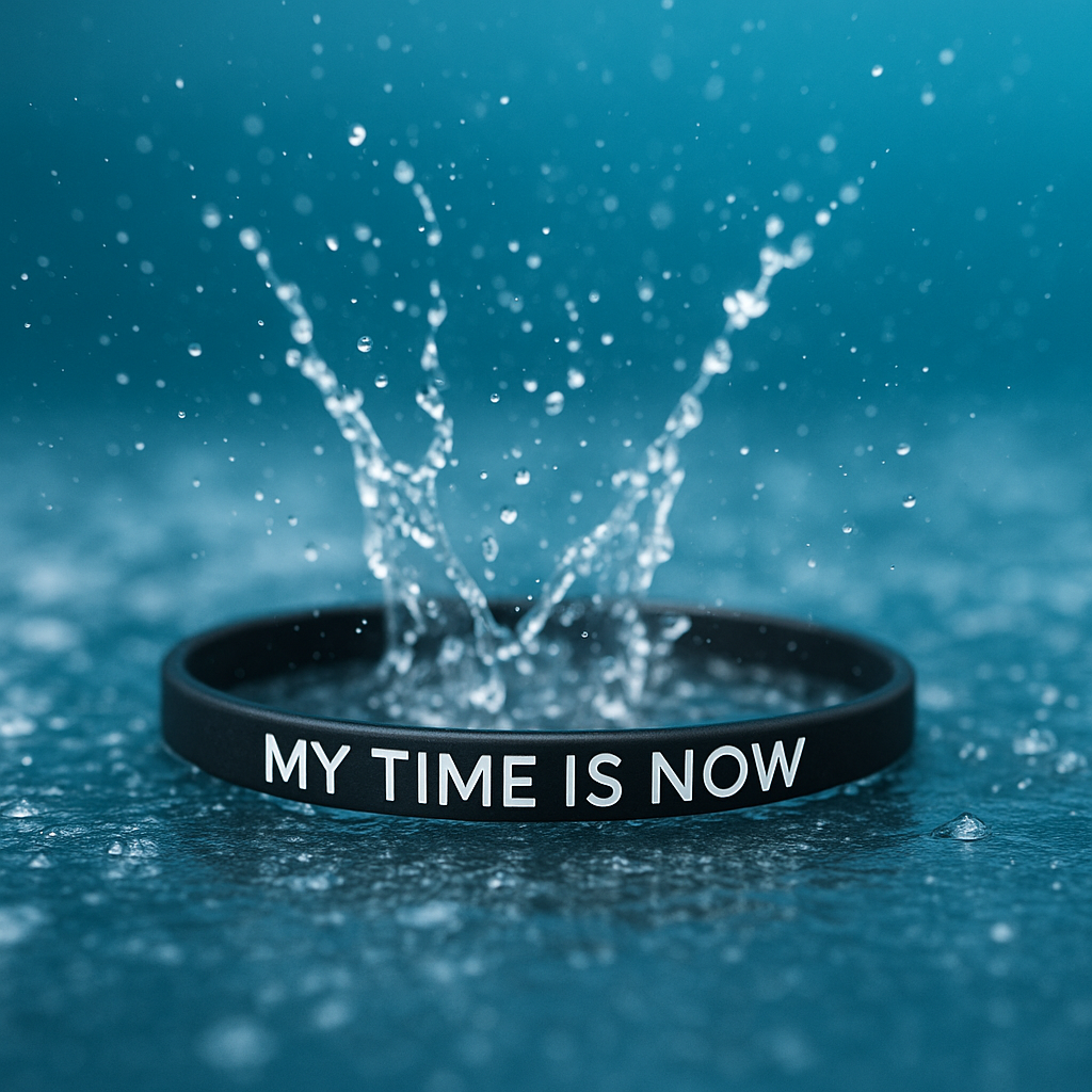 Black silicone wristband with the words “MY TIME IS NOW” displayed on a water splash background.