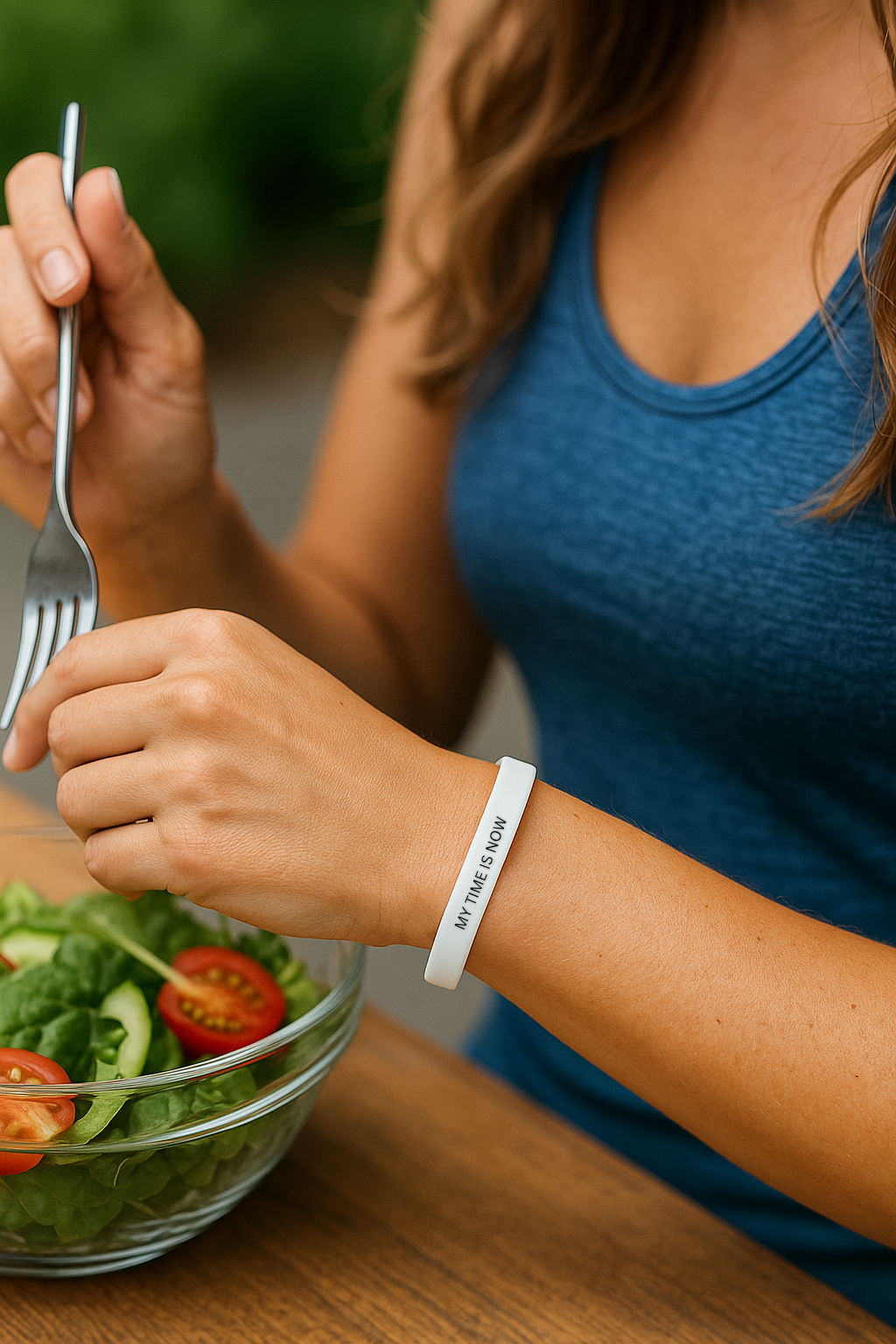 A woman wearing a white silicone wristband with the words “MY TIME IS NOW” printed in black, while eating a fresh salad at a wooden table.