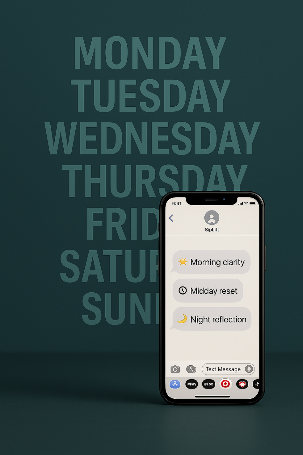 Smartphone centered against a soft gradient background with floating weekdays, displaying message bubbles for ‘Morning Clarity’ and ‘Midday Reset’ — representing Pulse Core’s 3x/day SMS rhythm by SipLift.