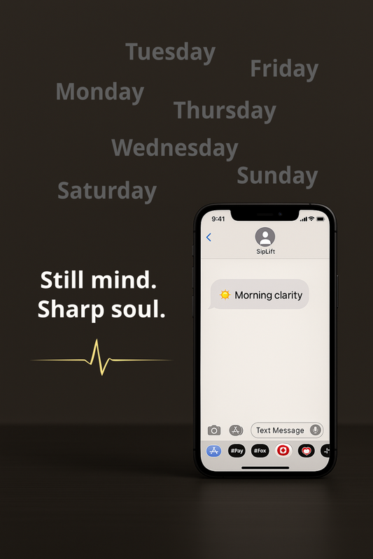 Phone screen centered on soft gradient background with floating weekdays and the phrase 'Still mind. Sharp soul.' — representing the Pulse Lite daily SMS plan from SipLift.