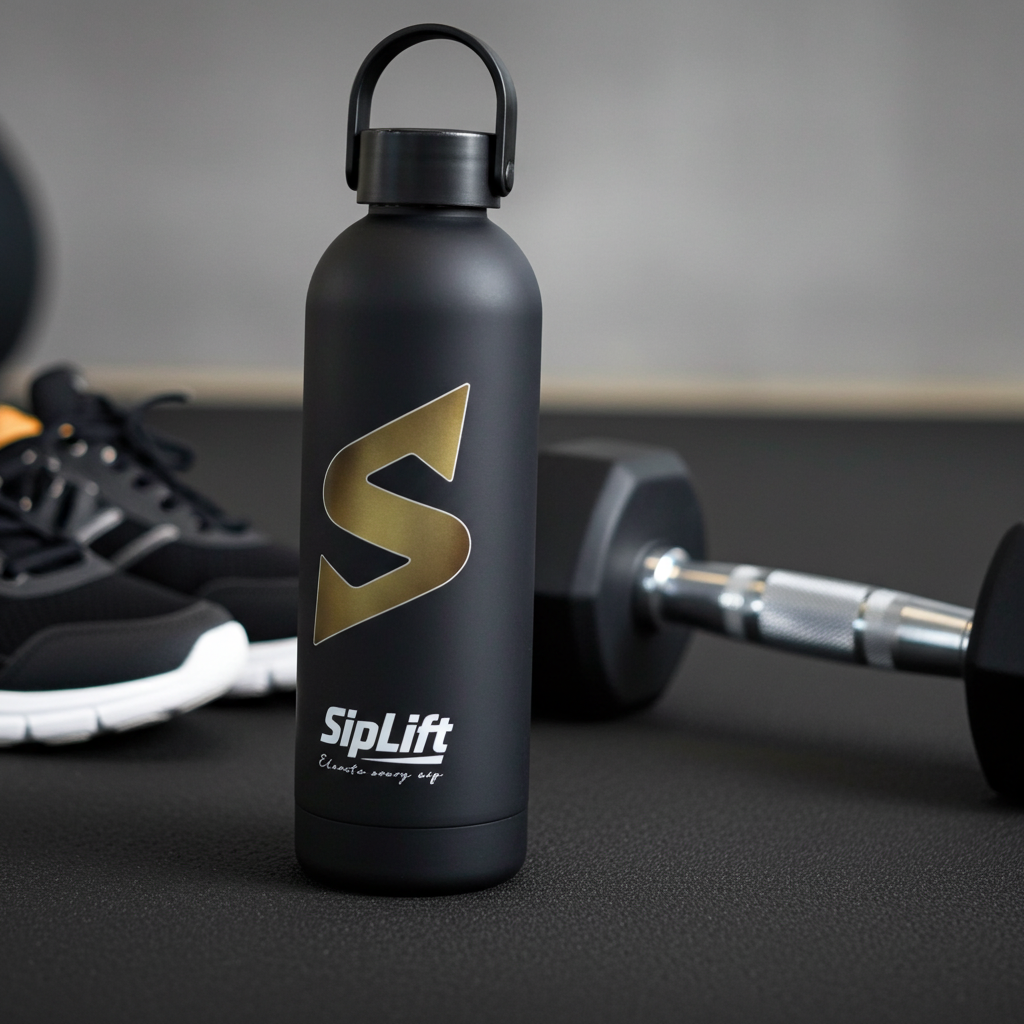 Black water bottle with gold logo and 'SipLift' branding on a dark surface with gym equipment in the background.