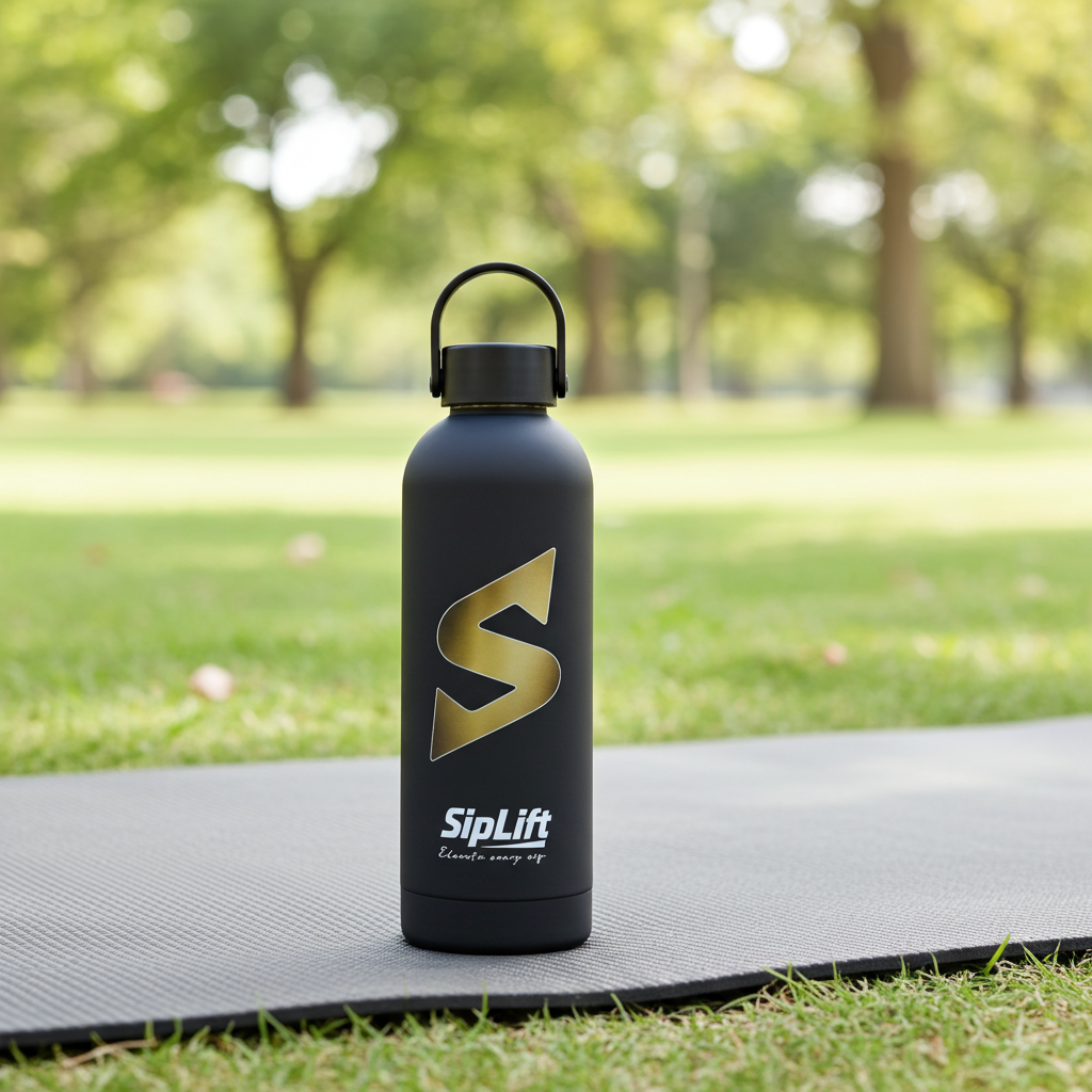 Black water bottle with SipLift logo on a grassy outdoor background