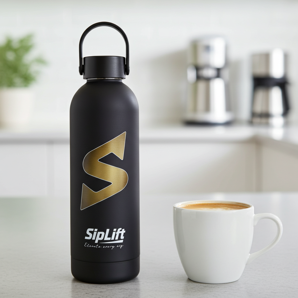 Black water bottle with gold logo and 'SipLift' next to a white mug on a kitchen counter.