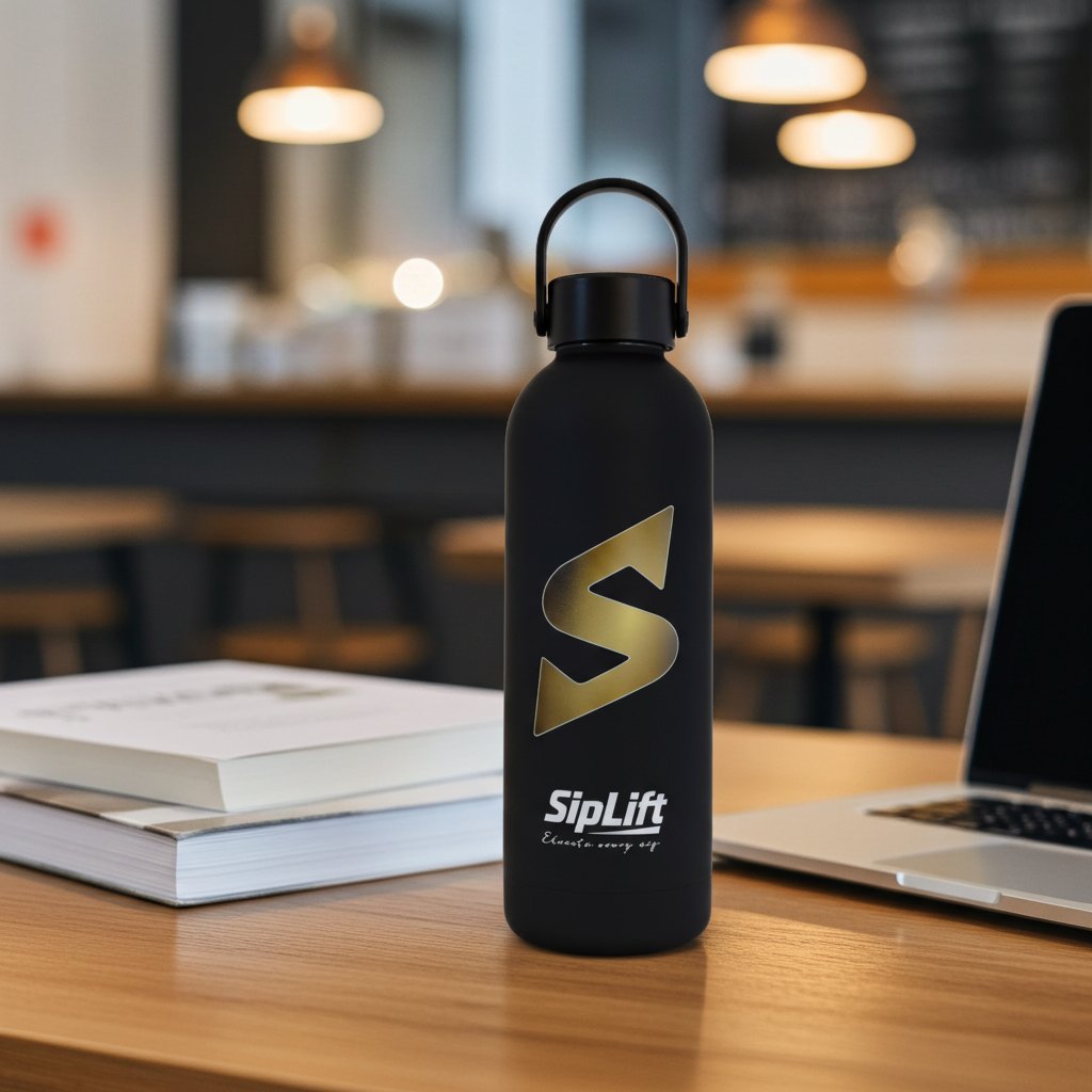 Black water bottle with gold logo on a table in a blurred cafe setting