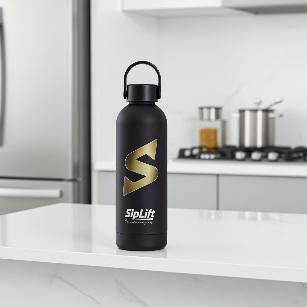 Black water bottle with gold logo and 'SipLift' branding on a kitchen counter.