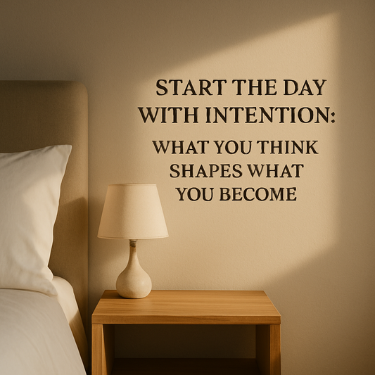 Morning sunlight over a bedside table with the words “Start the Day with Intention: What You Think Shapes What You Become” on the wall.
